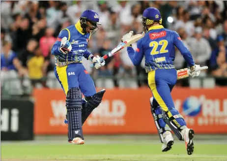  ?? Picture: RYAN WILKISKY/BACKPAGEPI­X ?? THE STUFF DREAMS ARE MADE OF: Ferisco Adams could not contain his excitement after hitting the winning runs against the Titans at a packed Newlands last Friday.