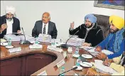  ??  ?? Finance minister Manpreet Badal, health minister Brahm Mohindra, CM Capt Amarinder Singh and local bodies minister Navjot Singh Sidhu during a cabinet meeting in Chandigarh on Thursday.