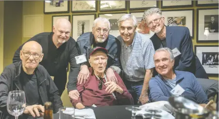  ?? ARLEN REDEKOP ?? Red Robinson — sitting centre — is surrounded by, clockwise from left, Doc Harris, Kent Kallberg, Ray Ramsay, Stirling Faux, John Tanner and Neil Soper, who marked his birthday at Richmond's River Rock Casino May 31. “It was a tremendous outpouring of people who care,” says Robinson.