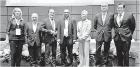  ??  ?? Chandula Abeywickre­ma flanked by the keys speakers that covered the Financing for SME session at the ninth World Chambers Congress in Turin Italy