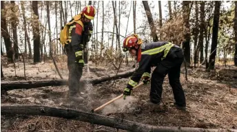  ?? — AFP photo ?? A German firefighte­r mops up lingering hot spots left by a wildfire near Belin-Belitet, southweste­rn France.
