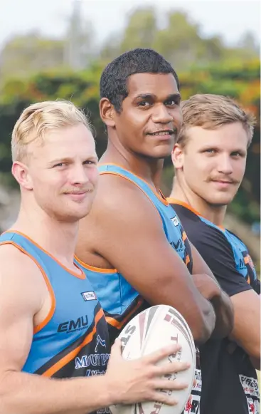  ?? Picture: ANNA ROGERS ?? CHASING GLORY: Northern Pride U20s Elijah Simpson, Terrence Casey and Ethan Schober have come thousands of kilometres for the statewide competitio­n and a crack at the NRL.