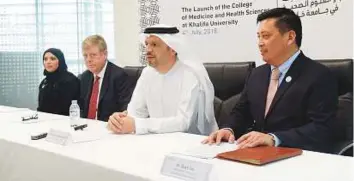  ?? Abdul Rahman/Gulf News ?? From left: Dr Habiba Al Safar, director of Khalifa University Centre of Excellence for Biotechnol­ogy; Dr Tod Laursen, Dr Arif Sultan Al Hammadi and Dr Guan Tay during a press conference held to announce the launch of the College of Medicine and Health Sciences.