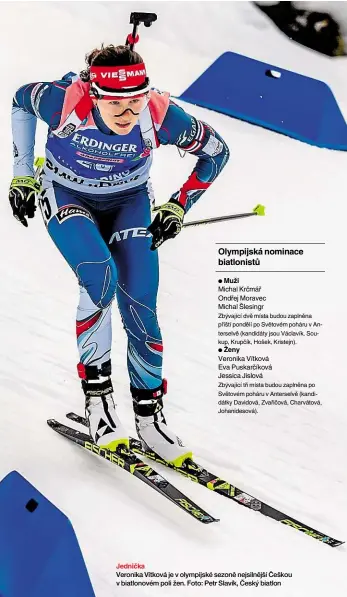  ??  ?? Jednička Veronika Vítková je v olympijské sezoně nejsilnějš­í Češkou v biatlonové­m poli žen. Foto: Petr Slavík, Český biatlon