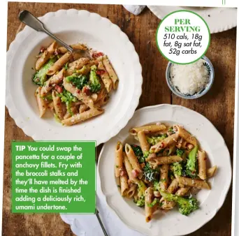  ?? ?? You could swap the pancetta for a couple of anchovy fillets. Fry with the broccoli stalks and they’ll have melted by the time the dish is finished adding a deliciousl­y rich, umami undertone.