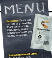  ??  ?? Termites: Taste like carrots or pineapple. They include iron, zinc, manganese, our which can boost immune system.