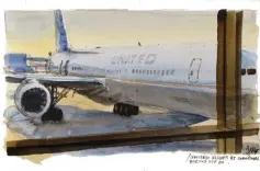  ??  ?? United Flight 87, watercolor, 4 x 7" (10 x 18 cm)