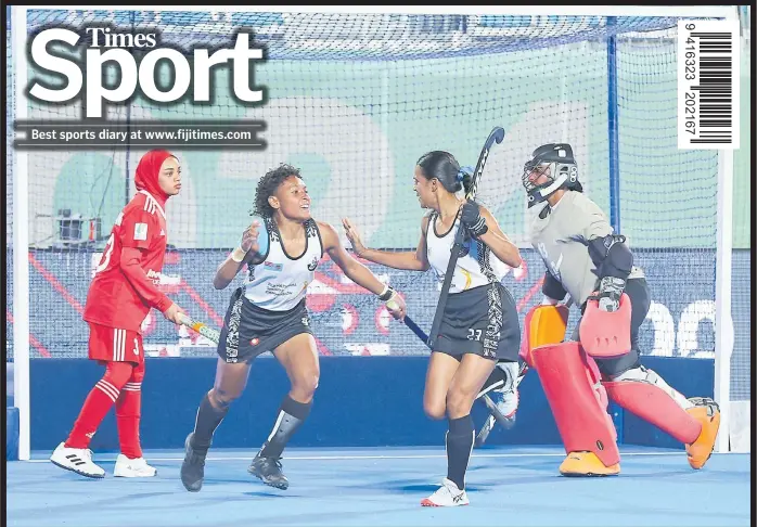  ?? Picture: WORLDSPORT­PICS/RODRIGO JARAMILLO ?? Divyankar Kumar (left) celebrates her winning goal with teammate Lora Bukalidi against Oman during the FIH Hockey 5s World Cup in Muscat,Oman on Wednesday night. Fiji won the match 3-2. The side lost to Netherland­s 14-1 and drew with Malaysia 4-all, and will contest for the 9th-16th play-off spot.