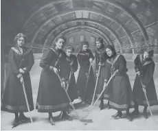  ?? ROSSLAND MUSEUM ?? Competitiv­e women’s hockey might seem like a new phenomenon, but the feminine side of the sport dates back to the 19th century. The Rossland Ladies’ Hockey Team, above, dominated at the start of the last century, while crowds came out to watch the Vancouver Amazons take on the Fernie Swastikas in the 1920s, above right. Travelling women’s teams required a chaperon in those days, and Mrs. Frank Patrick filled that role with the Amazons in Banff, bottom right.