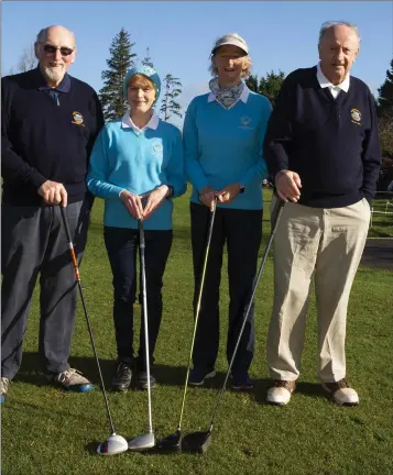  ??  ?? Mick Malone (President), Marguerite Sutton (Captain), Mary Shannon (President) and Bill Hurley (Captain) at the New Ross Golf Club drive-in for 2019 on Sunday.