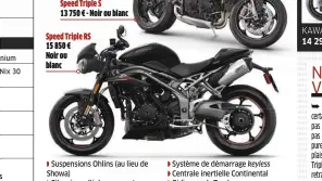  ??  ?? Speed Triple RS 15 850 € Noir ou blanc la RS que l’on moins chère.