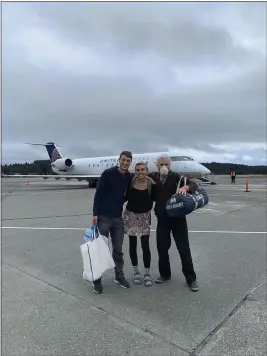  ?? PHOTOS PROVIDED BY JESSICA COMING ?? Humboldt County residents Eli Baginski, Jessica Coming and Michael Franklin arrived at the Humboldt County airport in McKinleyvi­lle after a 48-hour nonstop journey home from Peru.