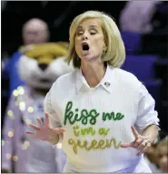  ?? ASSOCIATED PRESS PHOTOS ?? Left: Michigan head coach Kim Barnes Arico reacts in the first half of a first-round college basketball game against UNLV in the women’s NCAA Tournament in Baton Rouge, La. on Friday. Right: LSU coach Kim Mulkey reacts during the first half of the team’s first-round game against Hawaii in the women’s NCAA Tournament in Baton Rouge, La. on Friday.