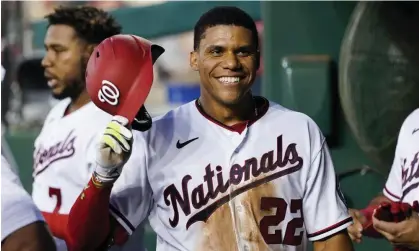 ?? Photograph: Alex Brandon/AP ?? Juan Soto smiles as he celebrates after his solo home run during the fourth inning of Monday’s game against the New York Mets.