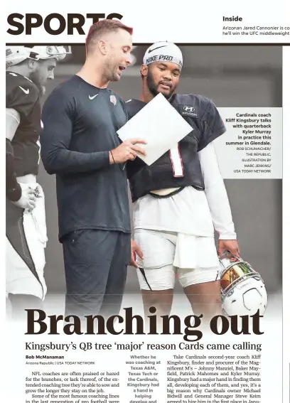  ?? ROB SCHUMACHER/
THE REPUBLIC, ILLUSTRATI­ON BY
MARC JENKINS/ USA TODAY NETWORK ?? Cardinals coach Kliff Kingsbury talks with quarterbac­k
Kyler Murray in practice this summer in Glendale.