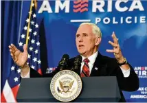  ?? HYOSUB SHIN / HSHIN@AJC.COM ?? Vice President Mike Pence told the crowd gathered Friday at the Loews Atlanta Hotel that “Georgia’s economy is booming as never before. Growth is back. Confidence is back.”