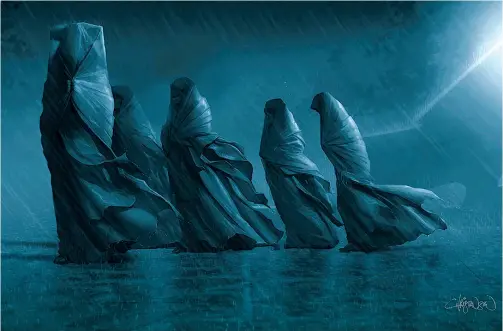  ??  ?? Members of the Bene Gesserit, an all-female organizati­on, arrive dressed in blue on the oceanic planet Caladan.