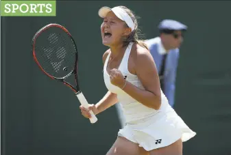  ?? Daniel Leal-Olivas / AFP / Getty Images ?? Russia’s Evgeniya Rodina celebrates after winning against American Madison Keys during their third-round match Friday, the fifth day of Wimbledon in England.