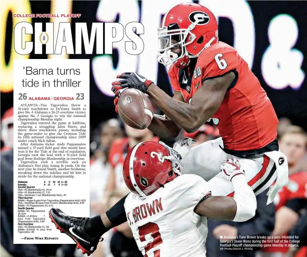  ?? AP Photo/David J. Phillip ?? Alabama’s Tony Brown breaks up a pass intended for Georgia’s Javon Wims during the first half of the College Football Playoff championsh­ip game Monday in Atlanta.