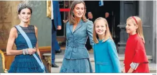  ?? EFE ?? Doña Letizia en su último viaje de Estado con la tiara de la flor de lis (izquierda), y la reina con sus hijas, Leonor y Sofía, en el 40 aniversari­o de la Constituci­ón (derecha).
