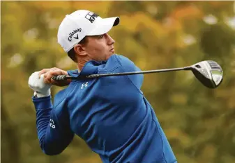  ?? PhMeg Oliphant / Getty Images ?? Maverick McNealy hits his tee shot on the first hole of the Fortinet Championsh­ip in Napa. His 64, punctuated by a chip-in for eagle on his final hole, put him in the lead at 12-under-par.