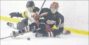  ?? JASON MALLOY/THE GUARDIAN ?? Sherwood-Parkdale A&S Scrap Metal Metros defenceman Zach Ladner, left, and Arsenault’s Fish Mart Western Red Wings forward Silas Handrahan go to the ice after a battle along the boards for the puck Sunday during Island Junior Hockey League playoff...