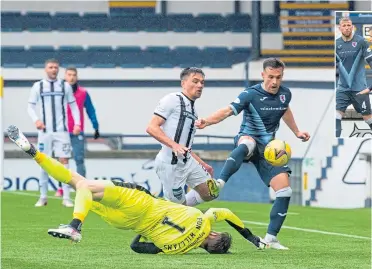  ??  ?? Lewis Vaughan taps home to put Raith Rovers 1-0 in front against their Fife rivals