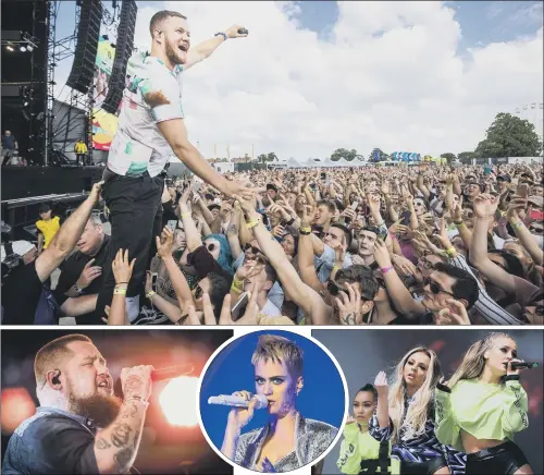  ?? PICTURES: PA. ?? STAR QUALITY: Top, Imagine Dragons’ lead vocalist Dan Reynolds reaches out to the Big Weekend crowds. Above, from left, Rag ‘n’ Bone Man, Katy Perry and Little Mix.