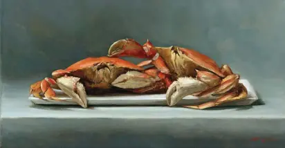  ??  ?? 1Sarah Lamb,Crabs, oil on linen, 12 x 23"2Sarah Lamb, Antique Grasshoppe­r Weathervan­e, oil on linen, 34 x 47"