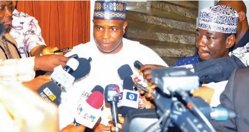  ?? PHOTO: ?? Sokoto State Governor, Aminu Tambuwal briefs State House Correspond­ents after a meeting with President Muhammadu Buhari at the Presidenti­al Villa in Abuja recently Felix Onigbinde