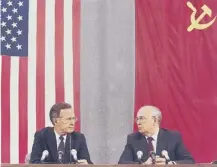  ??  ?? 0 On this day in 1991, George Bush senior and Mikhail Gorbachev signed a pact to cut long-range nuclear weapons