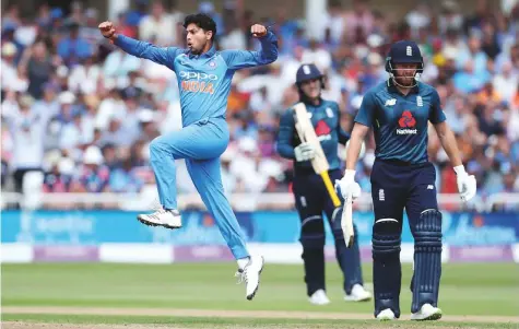  ?? Reuters ?? India’s Kuldeep Yadav celebrates the wicket of England’s Jason Roy. His six-wicket haul has restricted England to a moderate 268 in the first of the three-match ODI series at Trent Bridge yesterday.