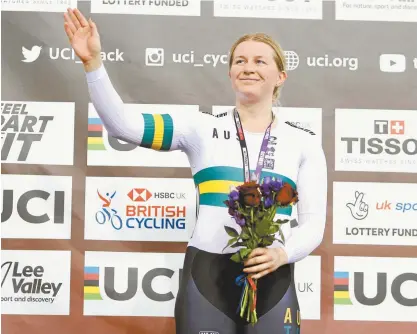  ??  ?? Stephanie Morton after winning the women’s keirin at the UCI Track Cycling World Cup in London last December.