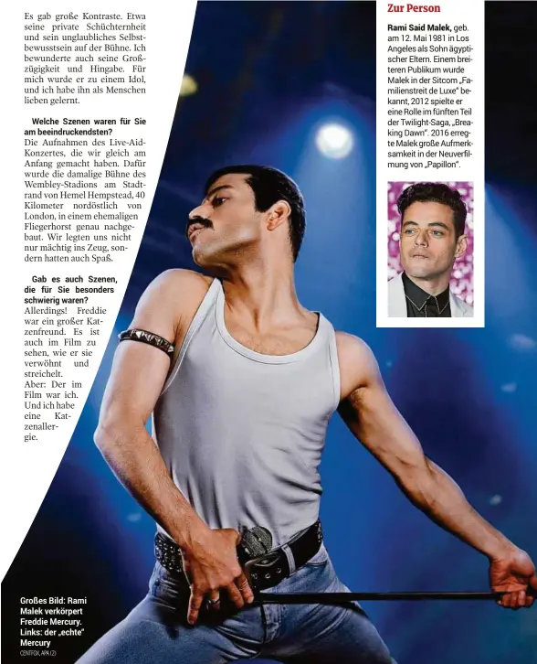  ??  ?? Großes Bild: Rami Malek verkörpert Freddie Mercury. Links: der „echte“MercuryCEN­TFOX, APA (2) 28. OKTOBER 2018