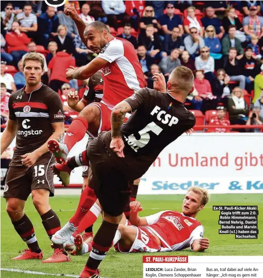  ??  ?? Ex-St. Pauli-Kicker Akaki Gogia trifft zum 2:0. Robin Himmelmann, Bernd Nehrig, Daniel Buballa und Marvin Knoll (v.l.) haben das Nachsehen.