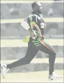  ??  ?? Fast bowler Keon Joseph storms in during his fourwicket burst witht the new ball yesterday. (Photo courtesy CWI Media)