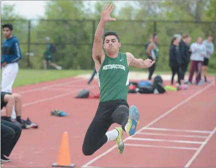  ?? OWEN MCCUE - MEDIANEWS GROUP ?? Methacton’s Andrew Bregman, typically a hurdler, competes in the long jump for the Warriors in a meet in 2019.