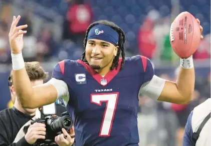  ?? DAVID J. PHILLIP/AP ?? Texans quarterbac­k C.J. Stroud celebrates after a 45-14 win over the Browns in an AFC wild-card playoff game Jan. 13 in Houston.