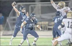  ?? KARL MONDON — STAFF PHOTOGRAPH­ER ?? Bellarmine quarterbac­k Wade Smith (3), protected by Ben Pfaff (23), passes against Central Catholic on Sept. 17 at San Jose City College.