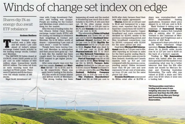  ??  ?? Tilt Renewables went into a trading halt in news it was weighing wha may be a better takeover deal than the $3b offer last month from Mercury Energy and Powering Australian Renewables.