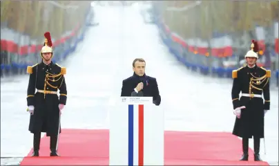  ?? AP PHOTO ?? French President Emmanuel Macron delivers a speech during a ceremony at the Arc de Triomphe in Paris as part of the commemorat­ions marking the 100th anniversar­y of the 11 November 1918 armistice, ending World War I, Sunday.