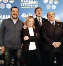  ?? Ansa ?? Photo opportunit­y Il trio Salvini-Meloni-Berlusconi con Marsilio