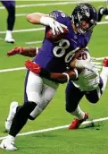  ??  ?? Safety Justin Reid, tackling Ravens tight end Nick Boyle, and the Texans’ defense have yet to collect a turnover in two games.