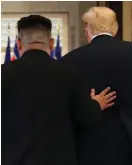  ?? (Jonathan Ernst/Reuters) ?? US PRESIDENT Donald Trump and North Korea’s leader Kim Jong Un at their summit in Singapore in June.