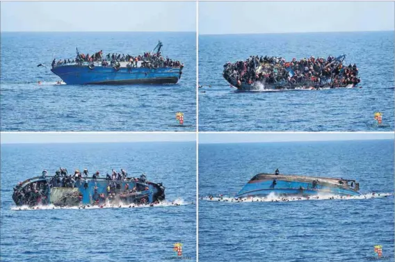  ?? Photos: AFP and Marina Militare ?? Tipping point: Refugees off the coast of Libya were photograph­ed falling off their vessel as they rushed to one side after they spotted a rescue ship. More than 550 people were pulled to safety and five bodies were recovered.