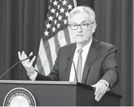  ?? ALEX BRANDON AP ?? Federal Reserve Board Chair Jerome Powell said the Fed “wouldn’t hesitate” to push its benchmark rate to a point that would slow the economy if needed.