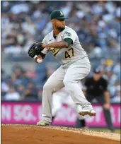  ?? NOAH K. MURRAY — THE ASSOCIATED PRESS ?? A's starter Frankie Montas held the Yankees to two runs and four hits in six innings Tuesday.