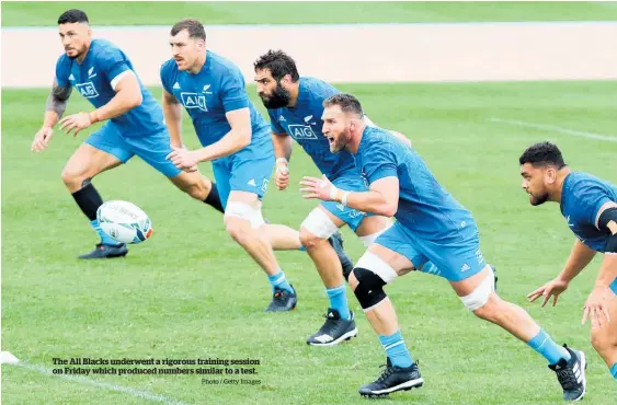  ?? Photo / Getty Images ?? The All Blacks underwent a rigorous training session on Friday which produced numbers similar to a test.