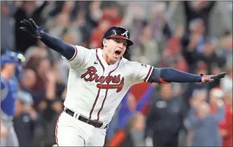  ?? Robert Gauthier/Los Angeles Times/TNS, File ?? The Atlanta Braves’ Austin Riley reacts after hitting a walk-off RBI single to score Ozzie Albies during the ninth inning against the Los Angeles Dodgers in Game 1 of the National League Championsh­ip Series at Truist Park on Oct. 16. The Braves won, 3-2.