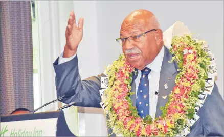  ?? Picture: ELIKI NUKUTABU ?? Prime Minister Sitiveni Rabuka speaks at the launch of Ajay Bhai Amrit’s book, Sports, Hollywood &
Bollywood at Holiday Inn in Suva.